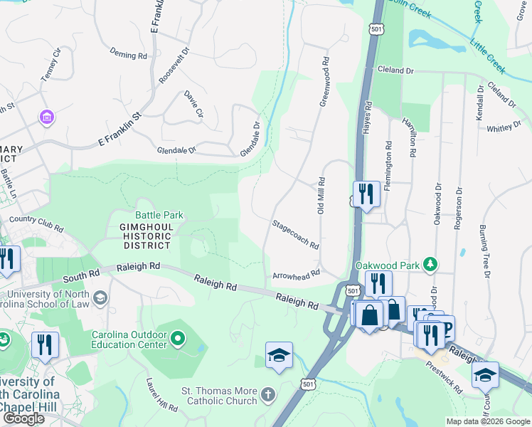 map of restaurants, bars, coffee shops, grocery stores, and more near 900 Greenwood Road in Chapel Hill