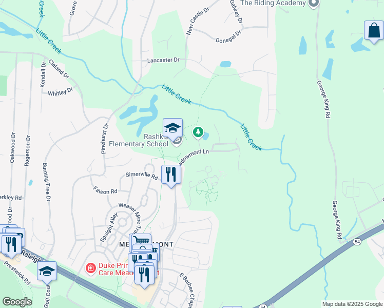 map of restaurants, bars, coffee shops, grocery stores, and more near 601 Meadowmont Lane in Chapel Hill