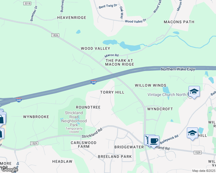 map of restaurants, bars, coffee shops, grocery stores, and more near 4917 Torry Ridge Road in Raleigh