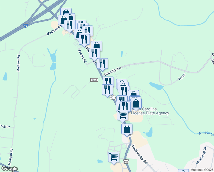 map of restaurants, bars, coffee shops, grocery stores, and more near Yadkinville Road in Mocksville
