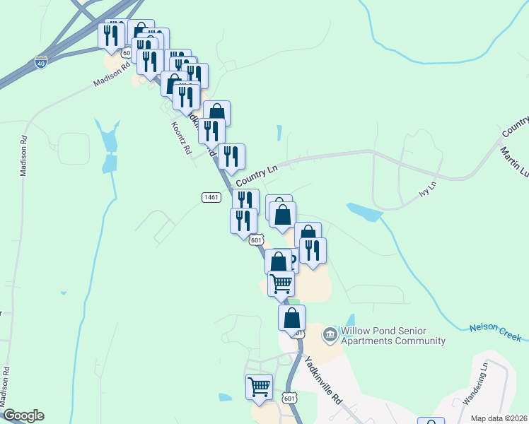 map of restaurants, bars, coffee shops, grocery stores, and more near 1119 Yadkinville Road in Mocksville