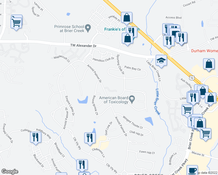map of restaurants, bars, coffee shops, grocery stores, and more near 10125 Mizner Lane in Raleigh