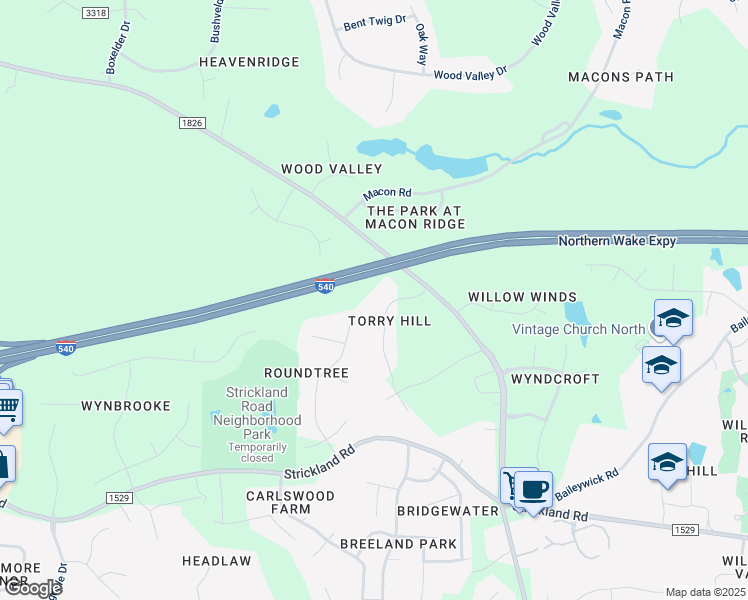 map of restaurants, bars, coffee shops, grocery stores, and more near 4917 Torry Ridge Road in Raleigh