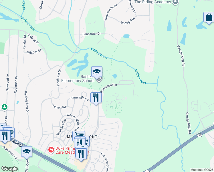 map of restaurants, bars, coffee shops, grocery stores, and more near 600 Meadowmont Lane in Chapel Hill