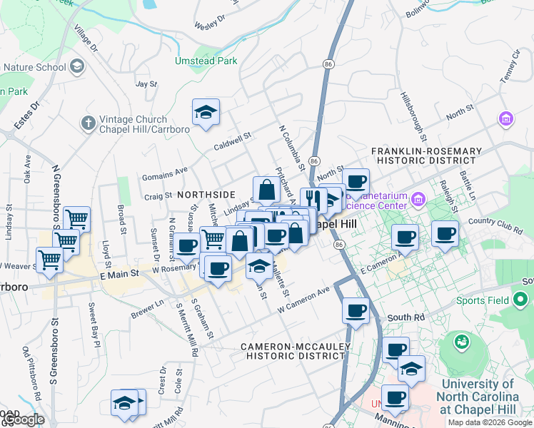 map of restaurants, bars, coffee shops, grocery stores, and more near 211 Church Street in Chapel Hill