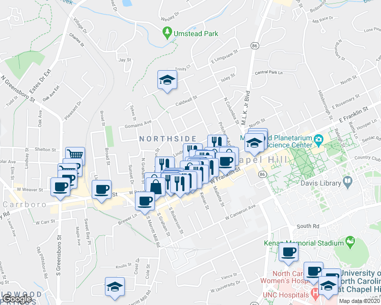 map of restaurants, bars, coffee shops, grocery stores, and more near 212 Mitchell Lane in Chapel Hill