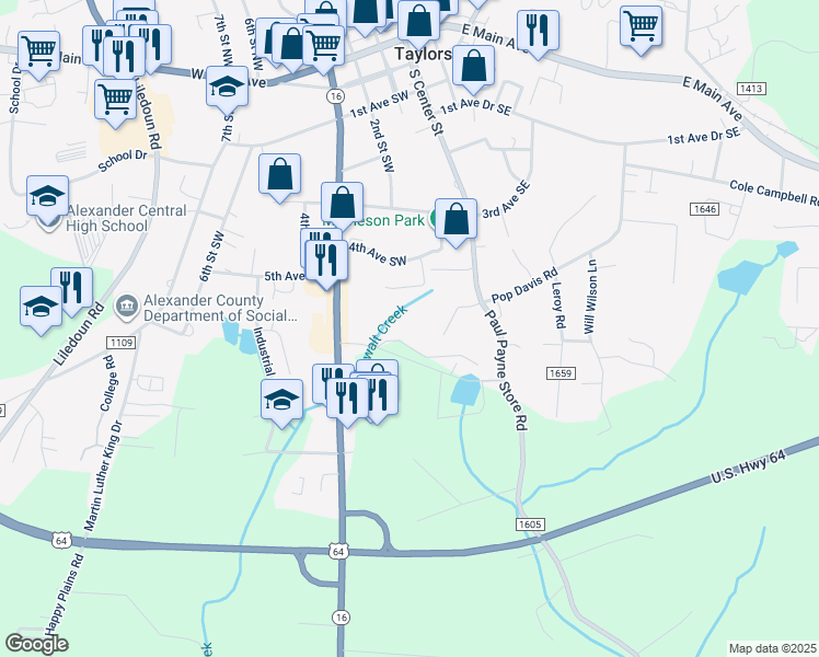 map of restaurants, bars, coffee shops, grocery stores, and more near 581 North Carolina 16 in Township of Taylorsville