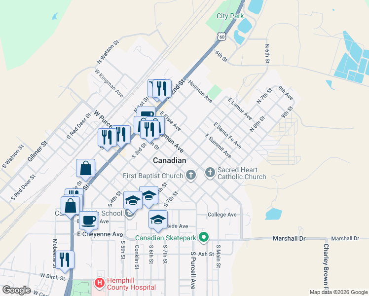 map of restaurants, bars, coffee shops, grocery stores, and more near in Canadian