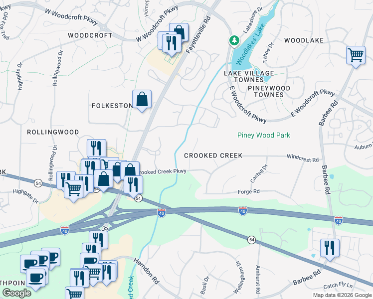 map of restaurants, bars, coffee shops, grocery stores, and more near 8 Creeks Edge Court in Durham