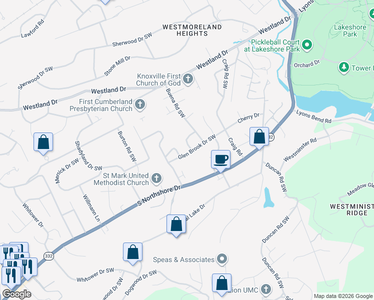 map of restaurants, bars, coffee shops, grocery stores, and more near 6824 Glen Brook Drive Southwest in Knoxville