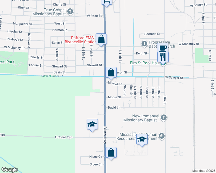 map of restaurants, bars, coffee shops, grocery stores, and more near 1299 S Division St in Blytheville