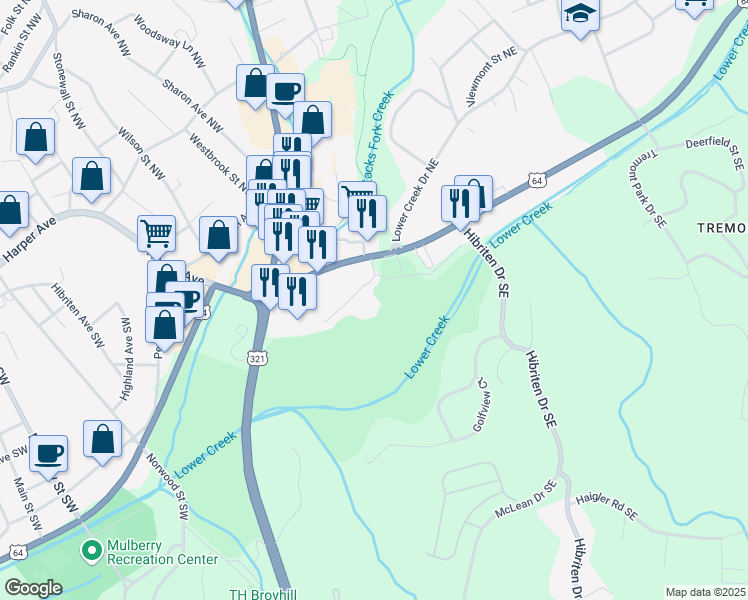 map of restaurants, bars, coffee shops, grocery stores, and more near 185 Linkside Court in Lenoir