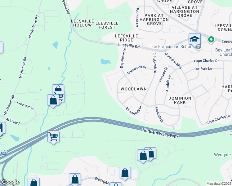 map of restaurants, bars, coffee shops, grocery stores, and more near 9000 Erinsbrook Drive in Raleigh