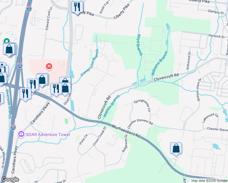 map of restaurants, bars, coffee shops, grocery stores, and more near 4020 Clovercroft Road in Franklin