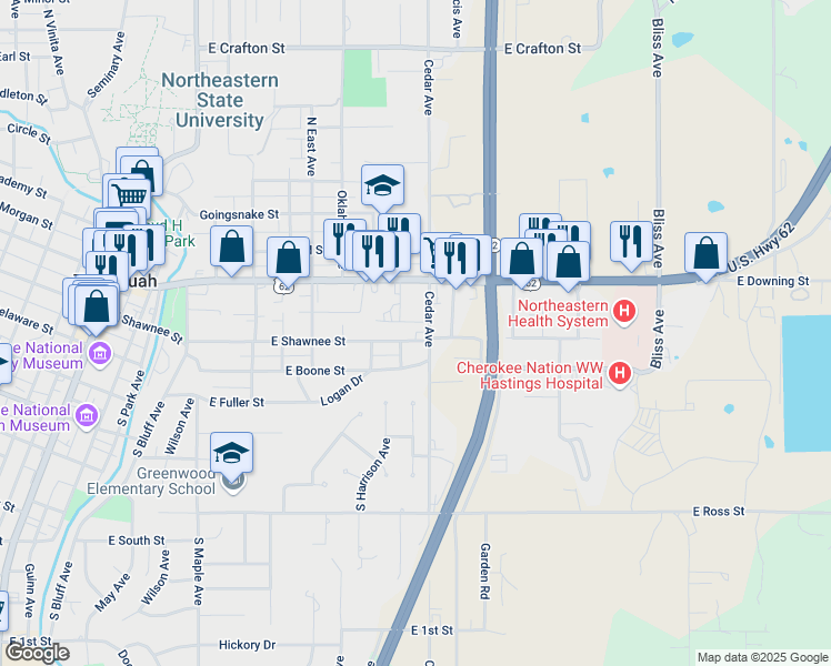 map of restaurants, bars, coffee shops, grocery stores, and more near 827 East Shawnee Street in Tahlequah