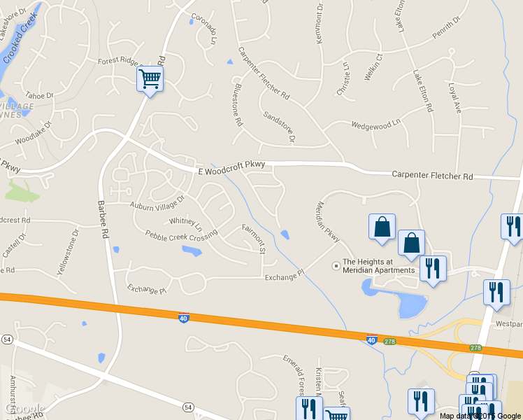 map of restaurants, bars, coffee shops, grocery stores, and more near 1422 Copper Creek Drive in Durham