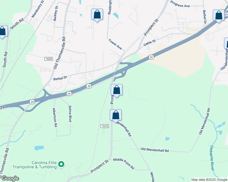 map of restaurants, bars, coffee shops, grocery stores, and more near 6130 Prospect Street in Archdale