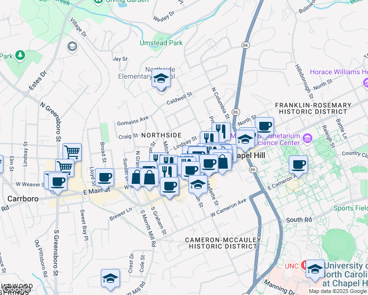 map of restaurants, bars, coffee shops, grocery stores, and more near 323 Lindsay Street in Chapel Hill