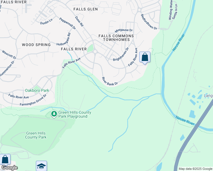 map of restaurants, bars, coffee shops, grocery stores, and more near 10205 River Bank Drive in Raleigh