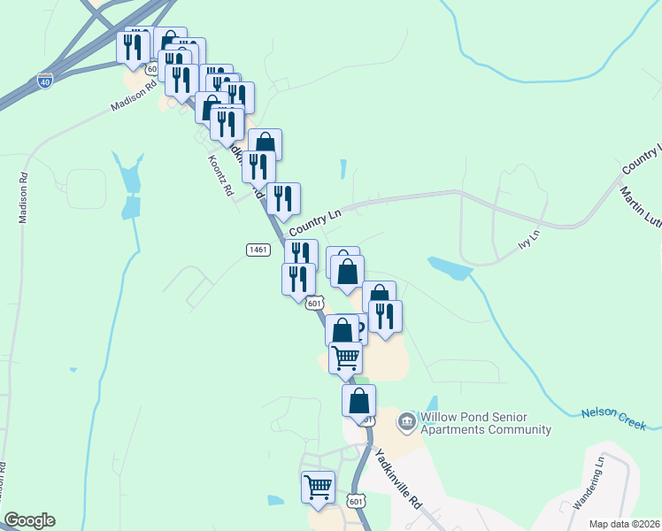 map of restaurants, bars, coffee shops, grocery stores, and more near in Mocksville