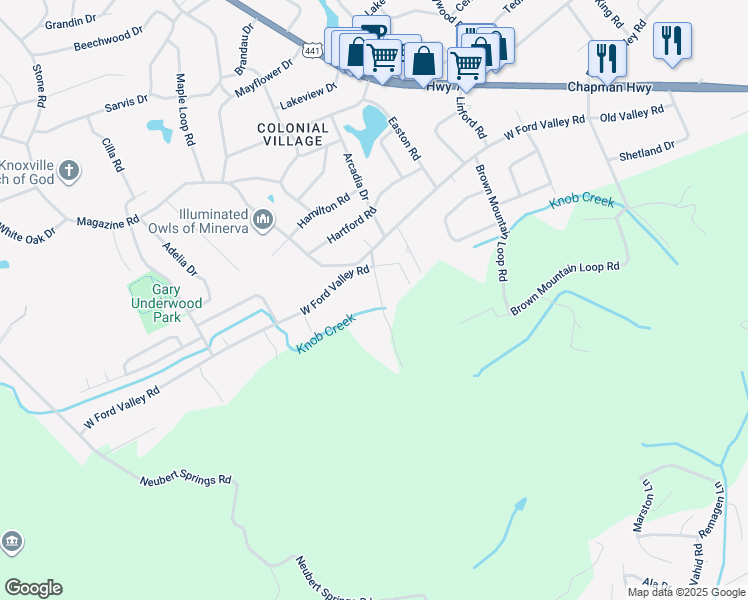 map of restaurants, bars, coffee shops, grocery stores, and more near 6308 Stonecress Lane Southwest in Knoxville