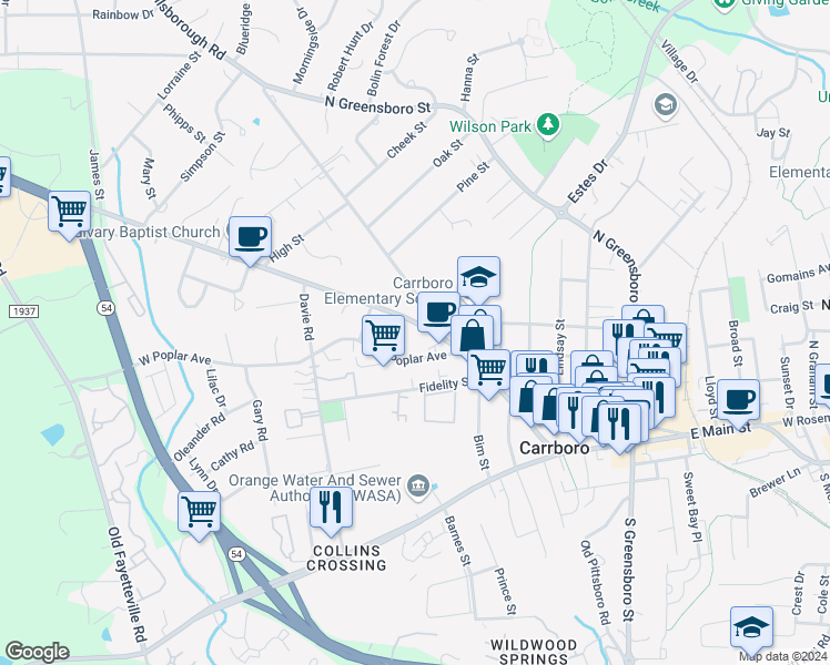 map of restaurants, bars, coffee shops, grocery stores, and more near 609 West Main Street in Carrboro