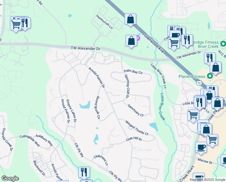 map of restaurants, bars, coffee shops, grocery stores, and more near 10125 Mizner Lane in Raleigh