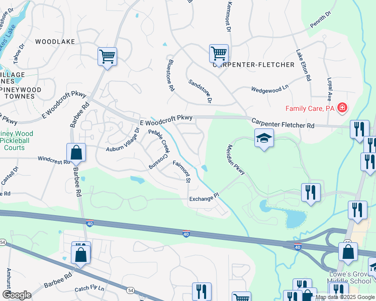 map of restaurants, bars, coffee shops, grocery stores, and more near 1422 Copper Creek Drive in Durham
