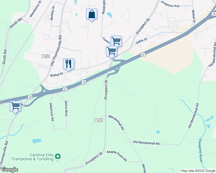 map of restaurants, bars, coffee shops, grocery stores, and more near 6130 Prospect Street in Archdale
