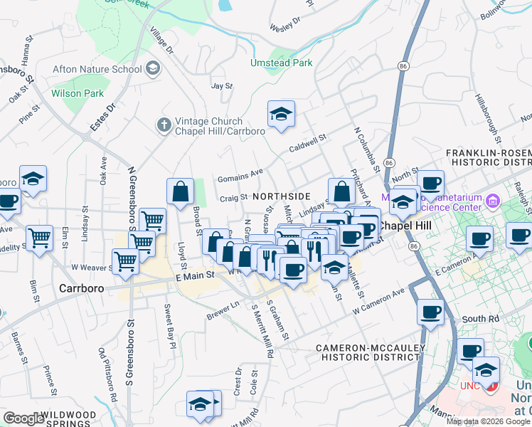 map of restaurants, bars, coffee shops, grocery stores, and more near North Roberson Street & Whitaker Street in Chapel Hill