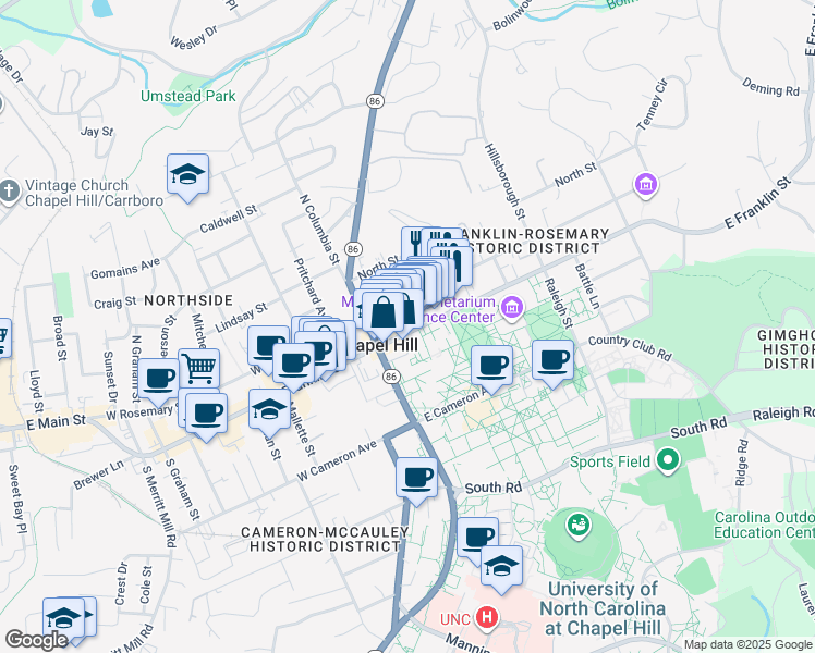 map of restaurants, bars, coffee shops, grocery stores, and more near 142 East Rosemary Street in Chapel Hill
