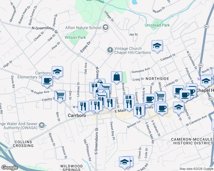 map of restaurants, bars, coffee shops, grocery stores, and more near 502A North Greensboro Street in Carrboro