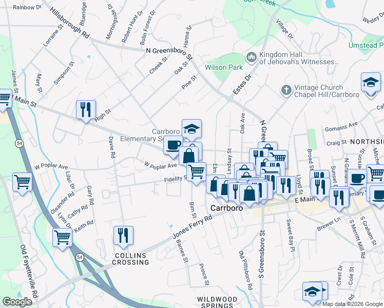 map of restaurants, bars, coffee shops, grocery stores, and more near 400 Shelton Street in Carrboro