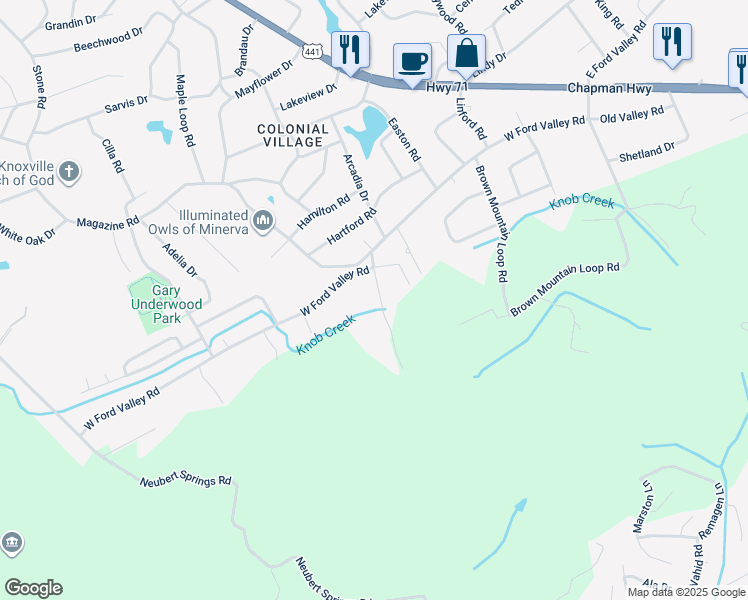 map of restaurants, bars, coffee shops, grocery stores, and more near 6308 Stonecress Lane Southwest in Knoxville