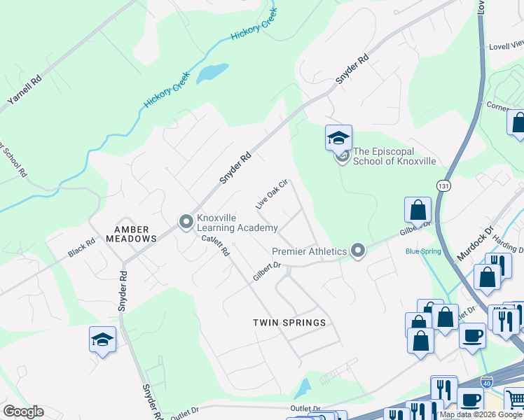 map of restaurants, bars, coffee shops, grocery stores, and more near 1230 Live Oak Circle in Knoxville
