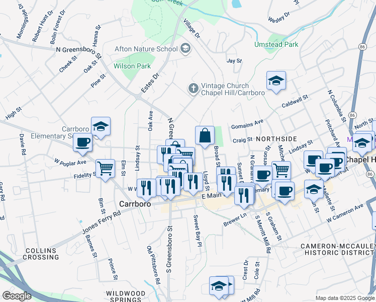 map of restaurants, bars, coffee shops, grocery stores, and more near 502A North Greensboro Street in Carrboro