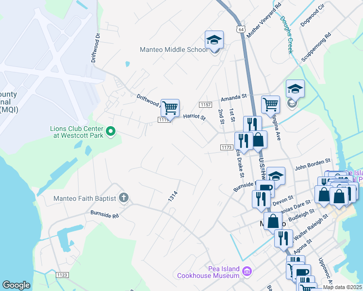 map of restaurants, bars, coffee shops, grocery stores, and more near 1006 George Daniels Road in Manteo