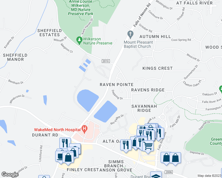 map of restaurants, bars, coffee shops, grocery stores, and more near 10423 Dapping Drive in Raleigh