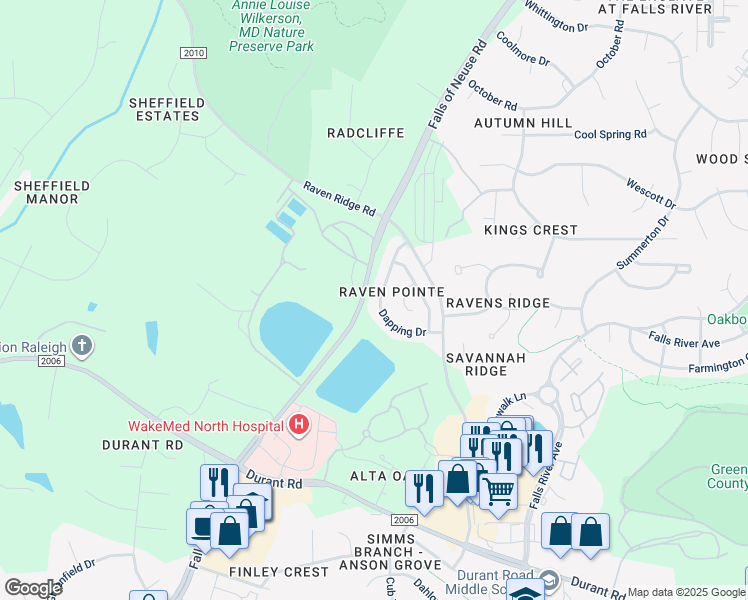 map of restaurants, bars, coffee shops, grocery stores, and more near 10423 Dapping Drive in Raleigh