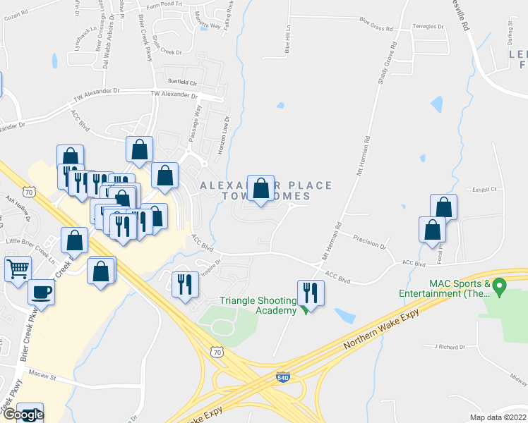 map of restaurants, bars, coffee shops, grocery stores, and more near 7847 Spungold Street in Raleigh