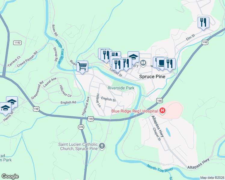 map of restaurants, bars, coffee shops, grocery stores, and more near 28 Peach Street in Spruce Pine