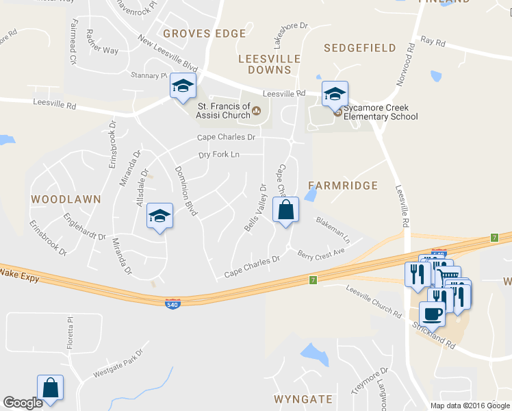 map of restaurants, bars, coffee shops, grocery stores, and more near 9505 Bells Valley Drive in Raleigh
