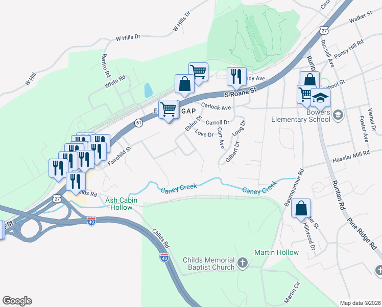 map of restaurants, bars, coffee shops, grocery stores, and more near 410 Sunset Dr in Harriman