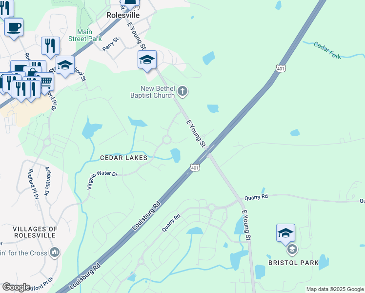 map of restaurants, bars, coffee shops, grocery stores, and more near 606 Toledo Court in Rolesville