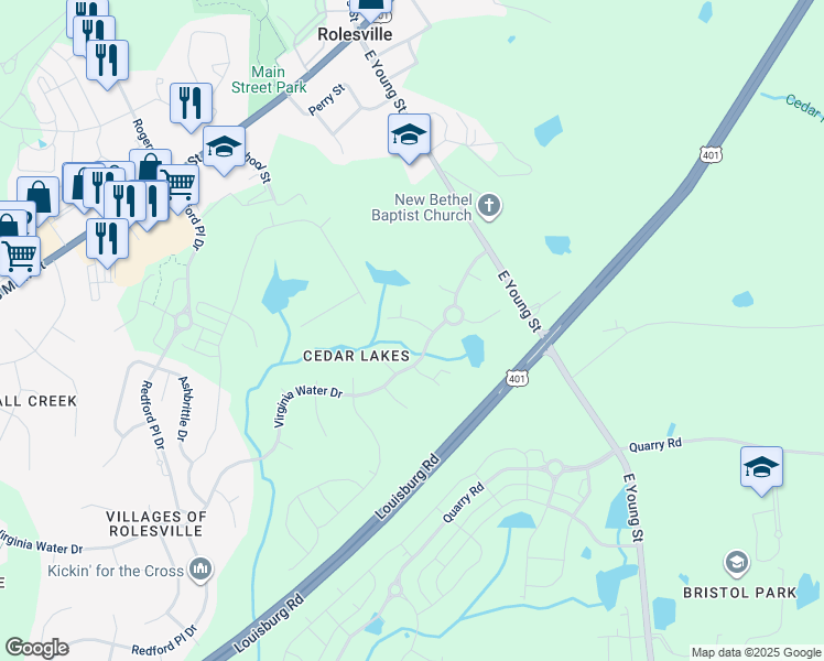 map of restaurants, bars, coffee shops, grocery stores, and more near 542 Irina Dr in Rolesville