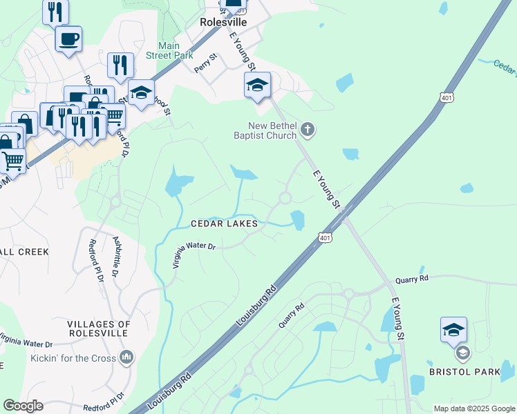 map of restaurants, bars, coffee shops, grocery stores, and more near 542 Irina Dr in Rolesville