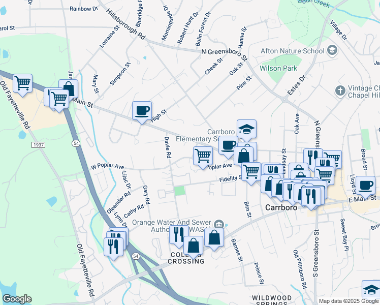 map of restaurants, bars, coffee shops, grocery stores, and more near 703 West Main Street in Carrboro