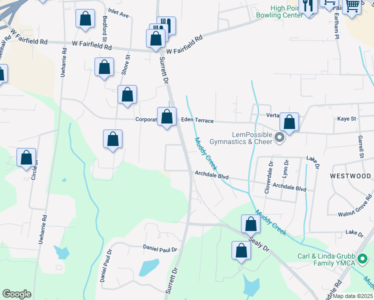 map of restaurants, bars, coffee shops, grocery stores, and more near 2409 Surrett Drive in Archdale