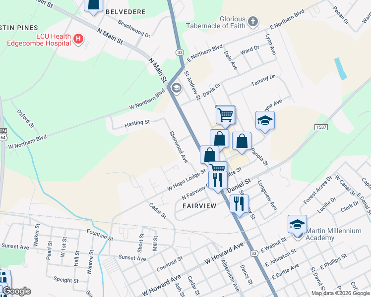 map of restaurants, bars, coffee shops, grocery stores, and more near 2235 Sherwood Avenue in Tarboro