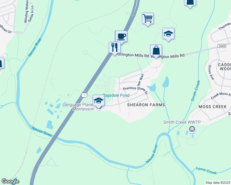 map of restaurants, bars, coffee shops, grocery stores, and more near 4206 Ginger Sprout Drive in Wake Forest
